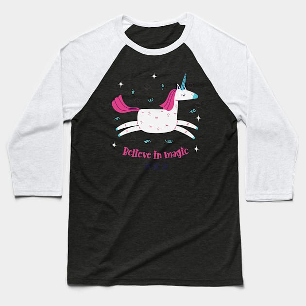 Believe In Magic Beautiful Flying Unicorn With Stars Baseball T-Shirt by teezeedy